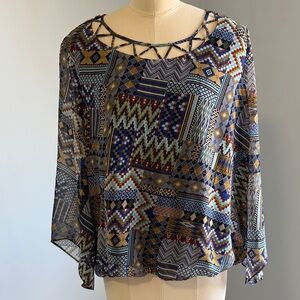 John Paul Richard Geometric Print Sheer Women’s Top Blue Multi SZM